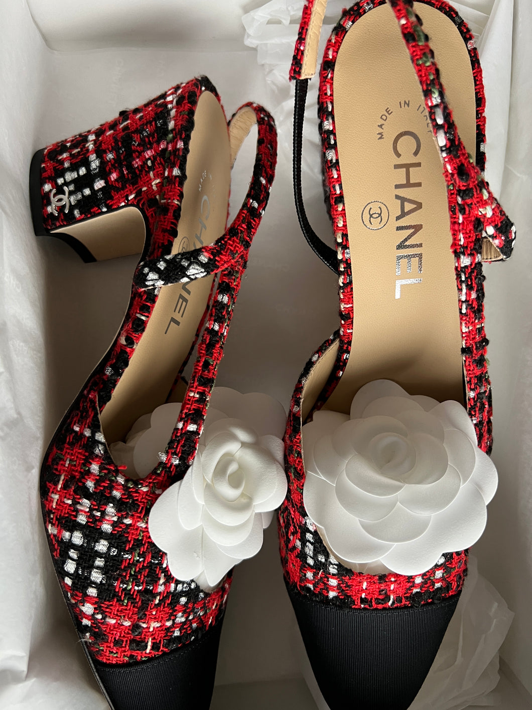 Chanel Shoes Tweed Slingbacks, Multicolor Beads, Size 40, New in