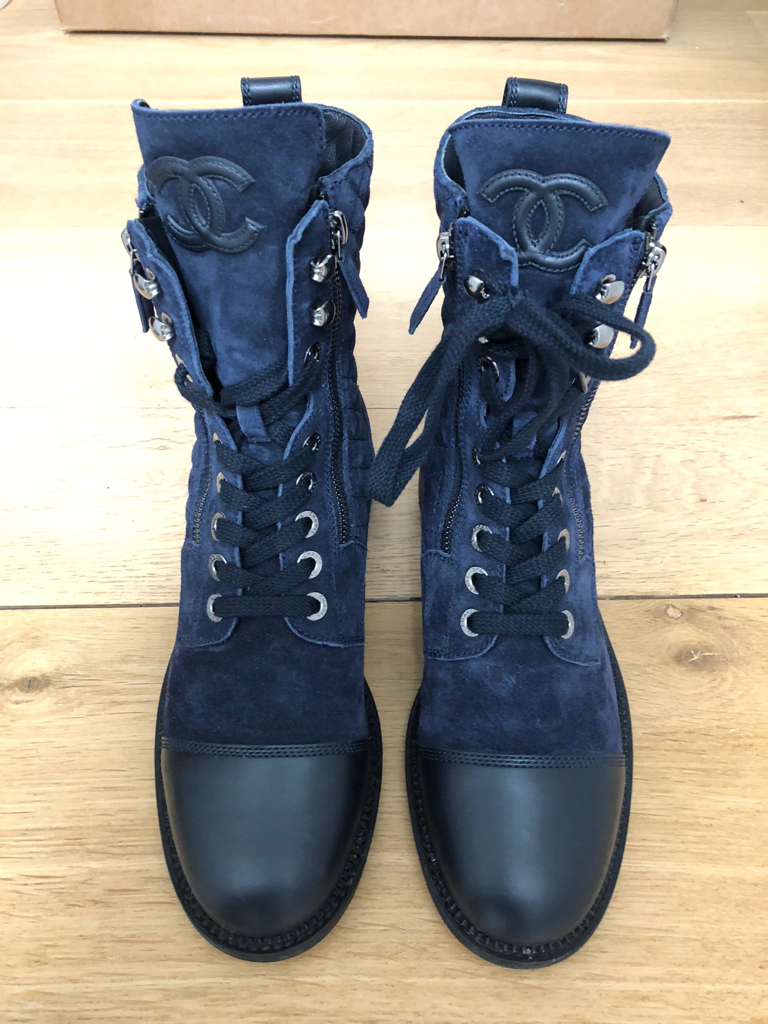 Chanel Navy Blue/Black Suede And Leather Ankle Boots Size 41